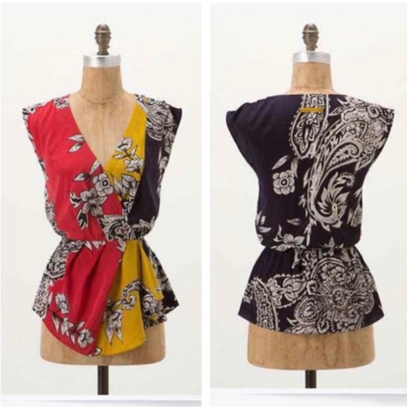 Anthropologie XS Baraschi Floral V Neck Anila Peplum Blouse Tank Top Faux Wrap - Picture 8 of 8